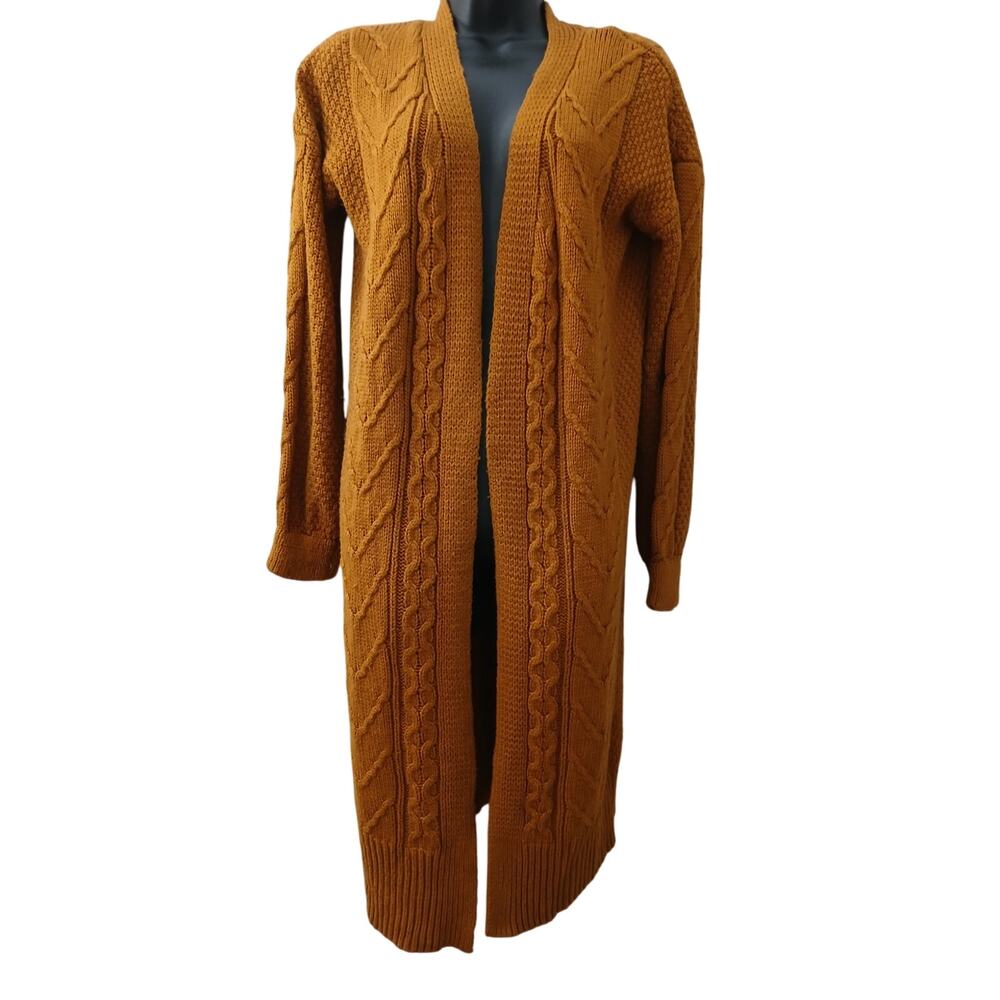 Hippie Rose Rust Colored Long Cable Knit Long Sleeve Open Cardigan
S